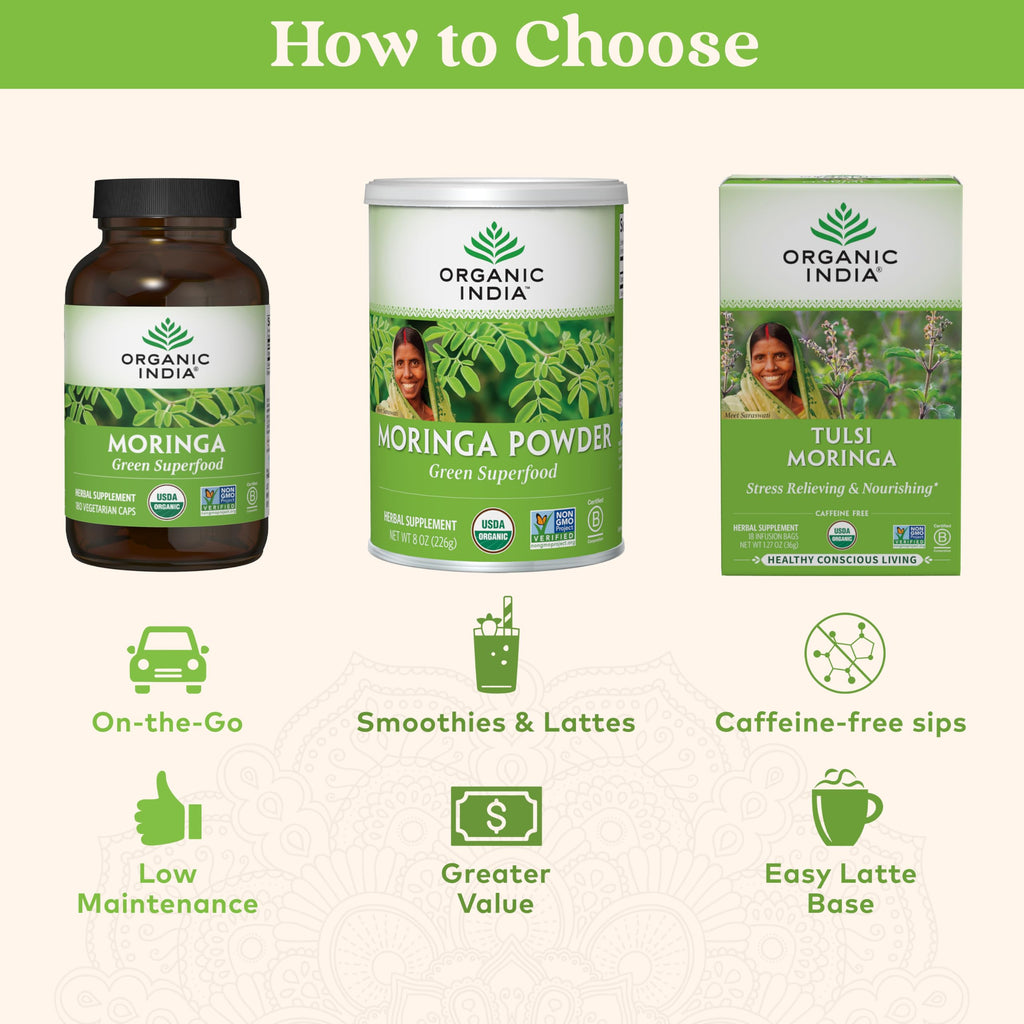 ORGANIC INDIA Moringa Capsules Organic - Moringa Supplement - Green Superfood, Pure Supergreen, Vegan Greens, Nature's Multivitamin, Vegan, Gluten-Free - 180 Capsules