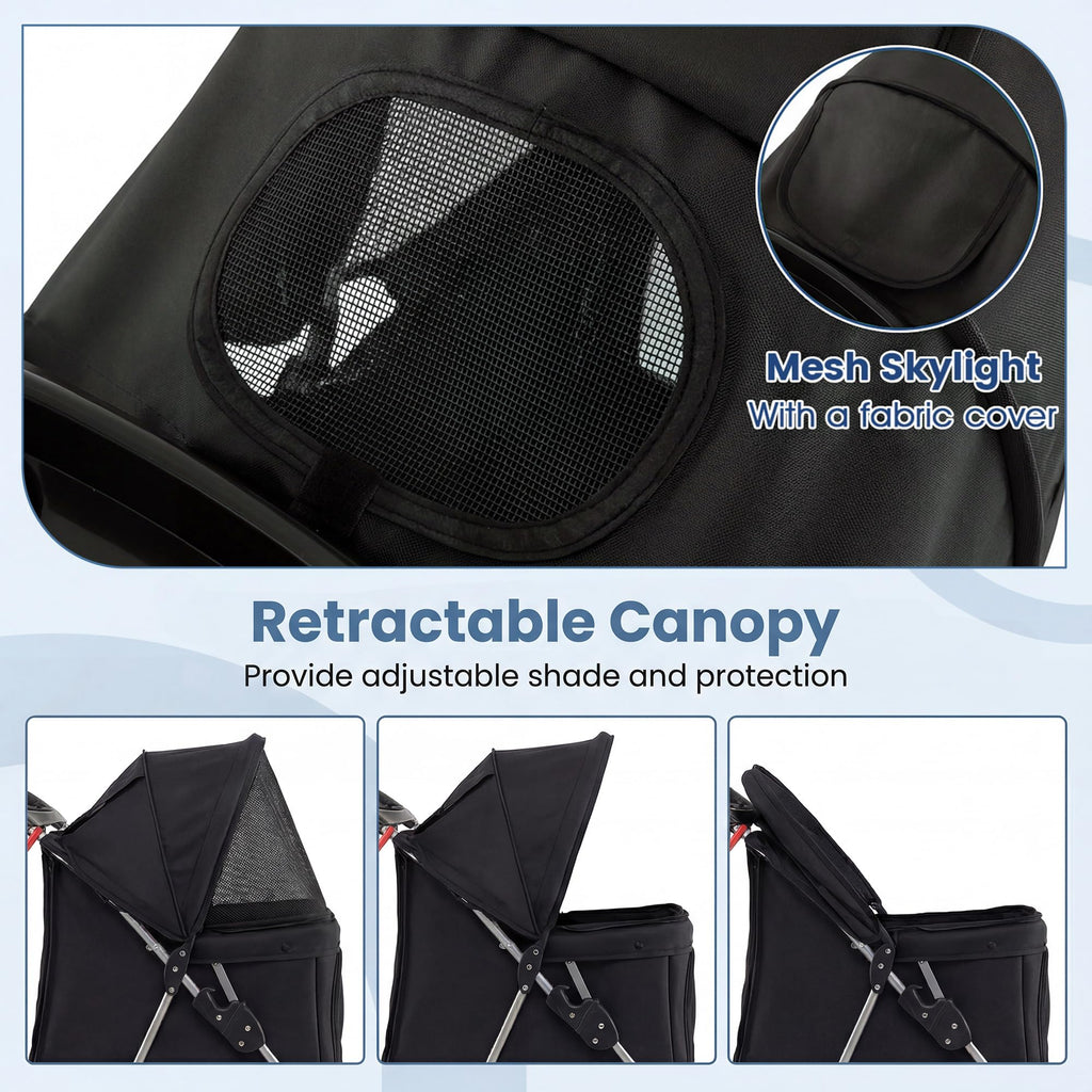 Giantex 3 Wheel Foldable Dog Stroller for Small Dogs Cats, Lightweight Pet Stroller with Lockable Wheels, One-Hand Quick Fold, Mesh Windows, Safety Leash & Storage Basket, Pet Travel Stroller (Black)