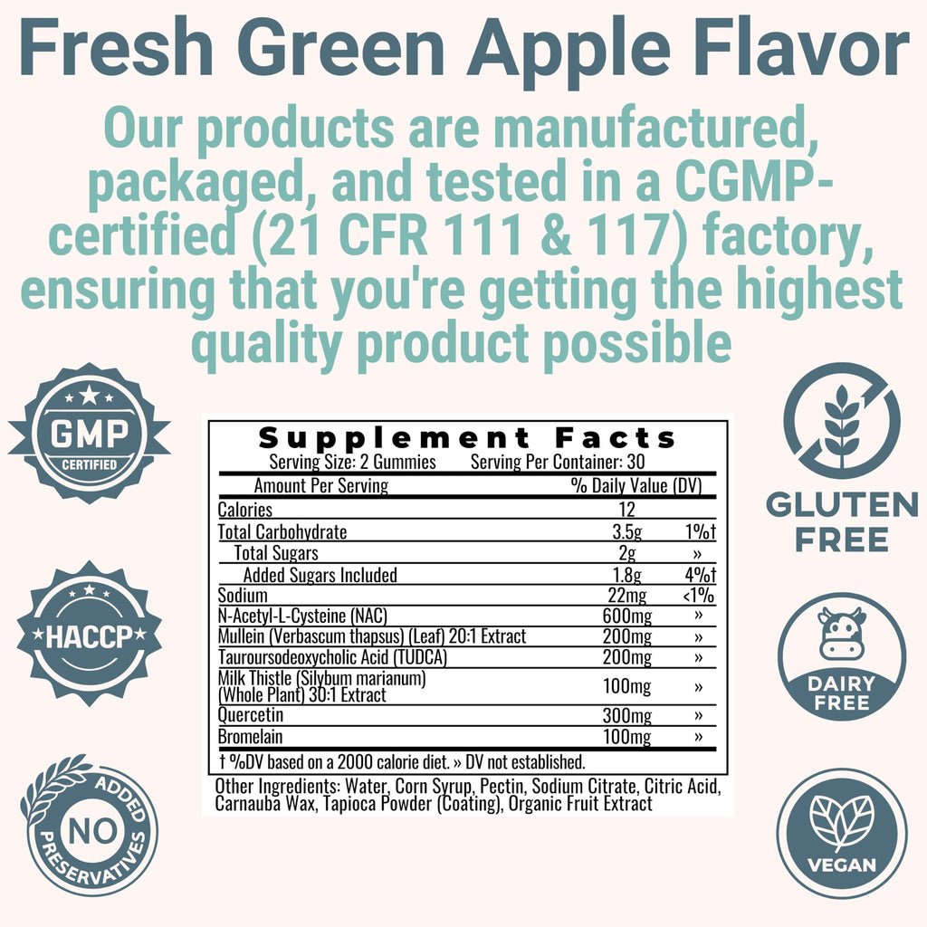 Mullein TUDCA NAC Quercetin with Bromelain Gummies, N‑Acetylcysteine N‑Acetyl‑Cysteine N‑Acetyl‑L‑Cysteine Bile Salts Milk Thistle, Mullein Leaf Drops & Lozenges Alt Supplement for Lungs 500-mg 600-mg