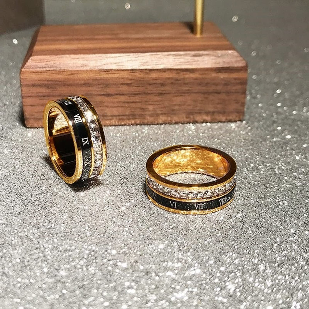 Ropartman 18K Gold Plated Roman Numeral Cubic Zirconia Ring for Men, Square CZ Gold Rings for Men, Spinner Silver Mens Rings Stainless Steel Size 5-13 (Gold Zirconia Ring, 8)