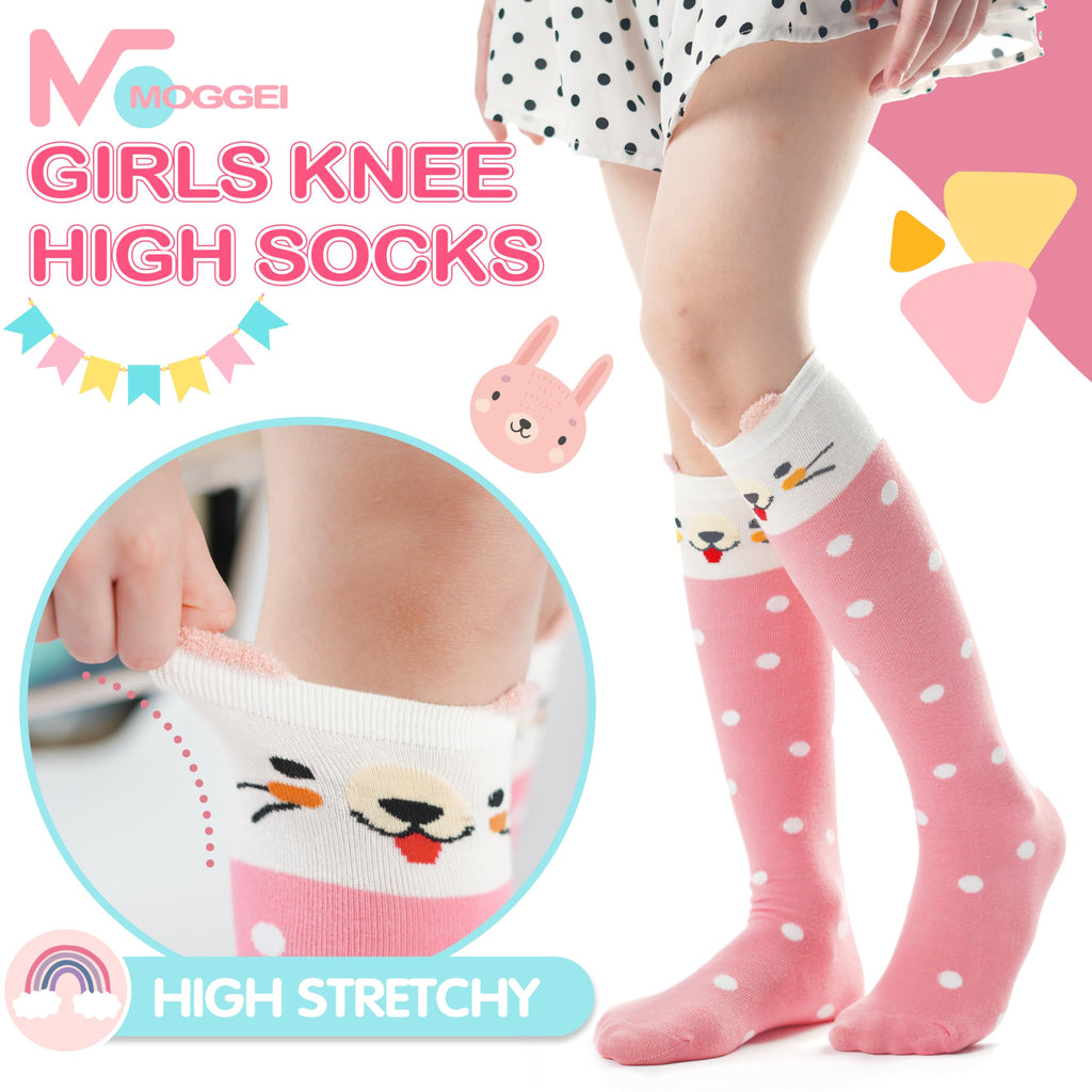 MOGGEI Kids Girls Knee High Socks Long Boot Crazy Silly Fun Gift Tall Funny Cute Animal Christmas Gift for 4 5 6 7 8 9 10 11 12 Year Old Girls Stocking Stuffers Socks 6 Pairs （Animal Pink Purple）