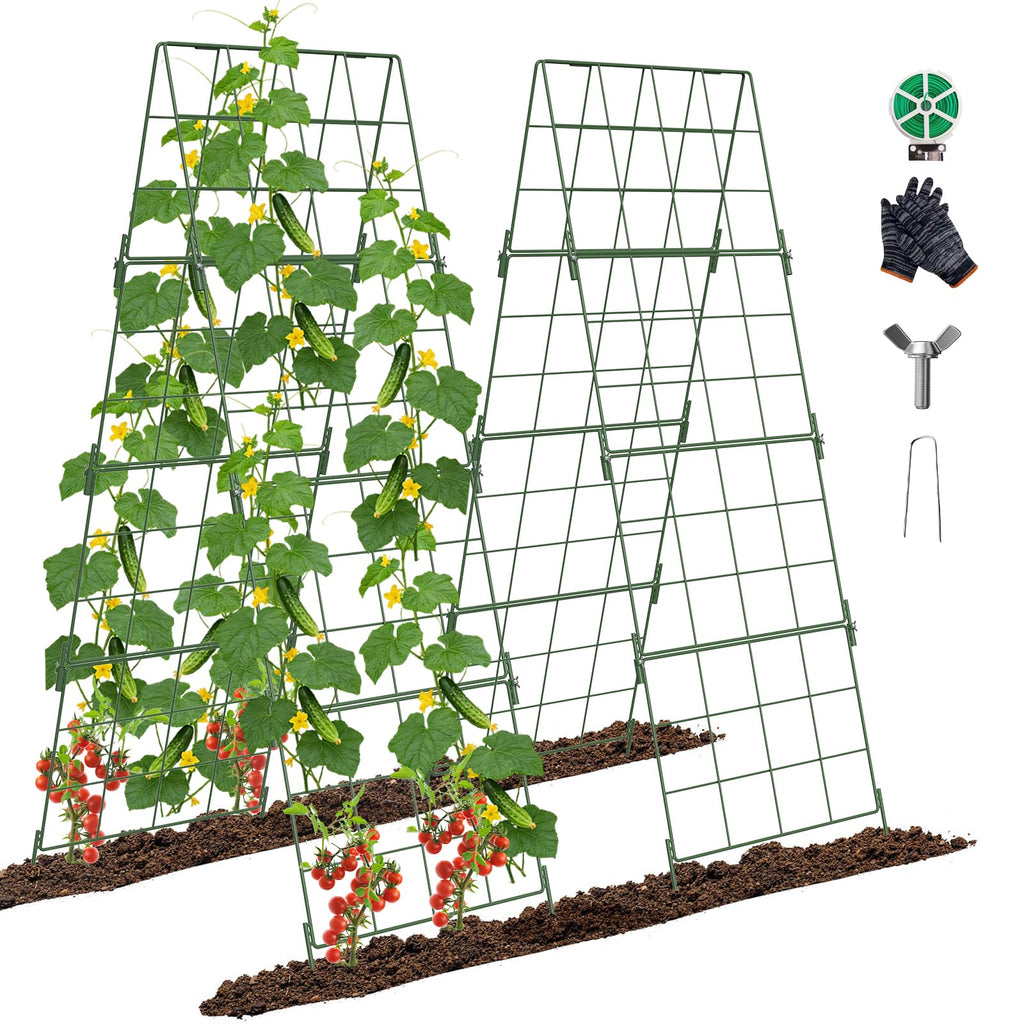 Adjustable A-Frame Trellis for Climbing Plants Outdoor, 48"x32" Cucumber Trellis for Raised Bed, Metal Garden Trellis with Grid Design, Tomato, Grape, Bean, Pea, Squash, Vegetable Trellis (Green)