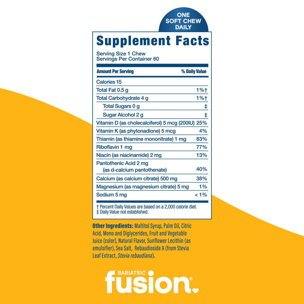 Bariatric Fusion Bariatric Calcium Supplement Chews | Calcium Citrate with Vitamin D3 Bariatric Vitamin | Sugar Free Chewable | 500mg | Lemon | 60 Count