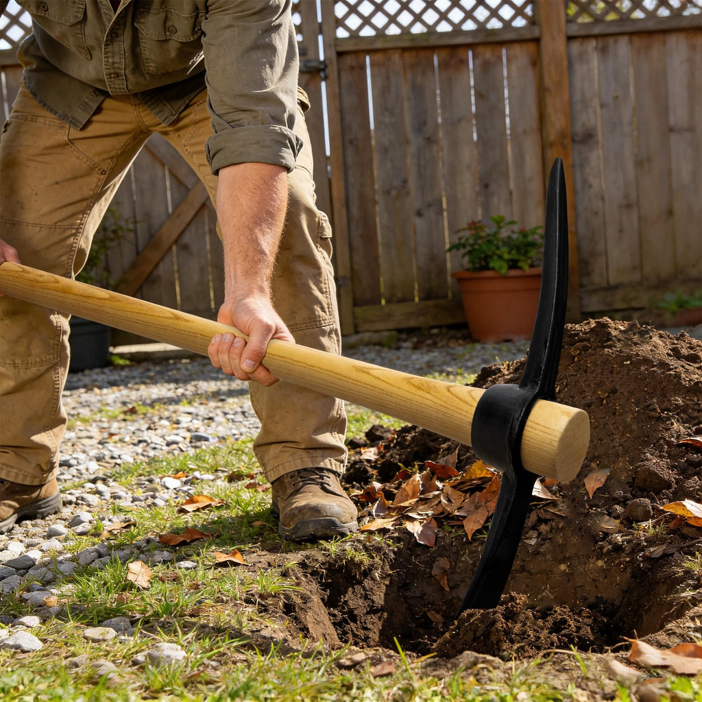 Nohovu Pickaxe with Wood Handle, Heavy Duty Forged Steel Pick Axe for Digging, 36 Inches (406I)
