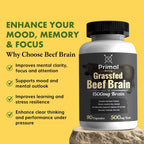Primal Being Grassfed Beef Brain, Supports Memory, Mood, Focus, Energy, Cognitive Health - 90 Capsules, 1500mg per Serving