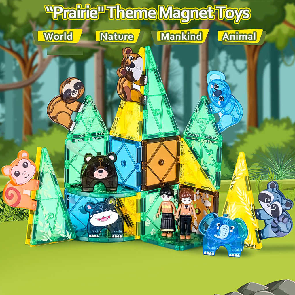 Asago Magnetic Tiles Set, Magnet Blocks Building Toys, Safari Animals Magnetictile for Toddler 3-5, Assembly 3D Structure Jungle & Forest Theme, STEM Learning Toy for Kids Girls,Boys Age 3 4 5 6 7