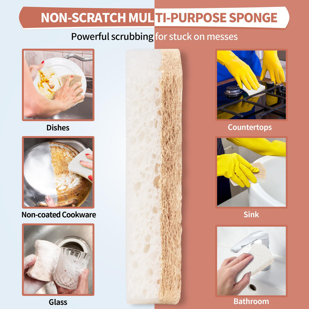 HOMERHYME Natural Dish Sponge 48 Pack, Non-Scratch Scrub Sponge, Eco Multipurpose Kitchen Sisal Fiber Cellulose Sponge, Odor-Less Dual-Sided for Dish Washing & Household Cleaning