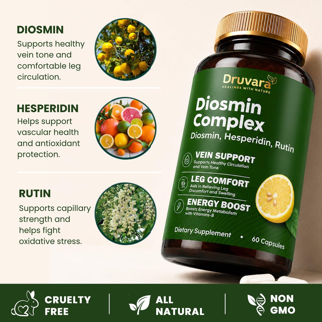 Druvara Diosmin Hesperidin with Rutin & B Vitamins | Vein Support Supplement for Leg Comfort, Healthy Circulation, Vein Strength & Improved Mobility - 60 Capsules