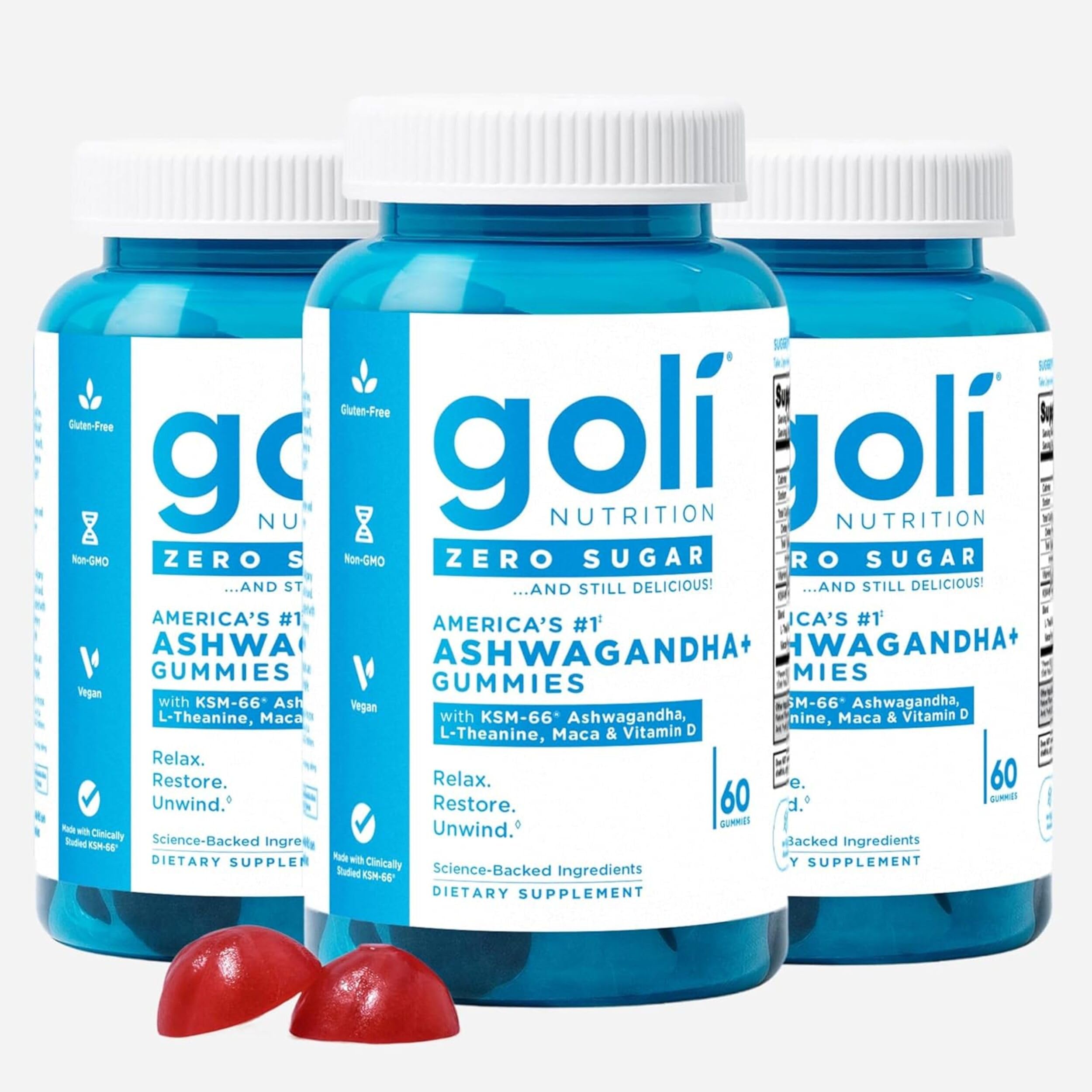Goli Zero Sugar Ashwagandha & Vitamin D, Maca, L-Theanine Gummies, No Artificial Sweeteners, No Sugar Alcohols. Mixed Berry, KSM-66, Vegan, Plant Based, Non-GMO, Gluten-Free & Gelatin Free. (3)