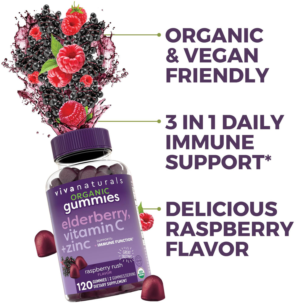 Viva Naturals Organic Sambucus Elderberry Gummies for Adults (120 Count) - 3in1 Black Elderberry Vitamin C and Zinc Immune Support Gummies, Chewable Elderberry Supplements, Zinc Immunity Gummies