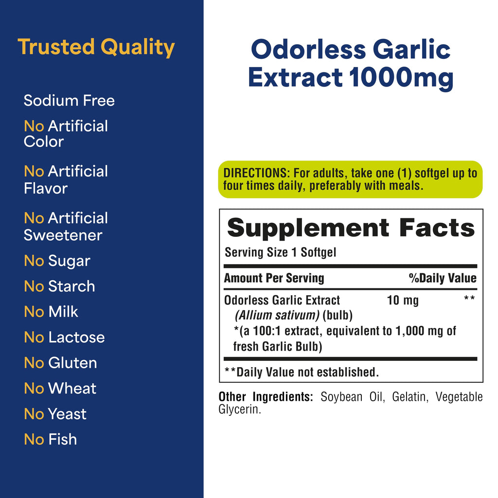 Puritan's Pride Premium Odorless Garlic (1000mg Equivalent),Traditional Dietary Supplement for Heart Health& Circulation Support with Antioxidant Properties, Softgels,500 Count (Pack of 2)