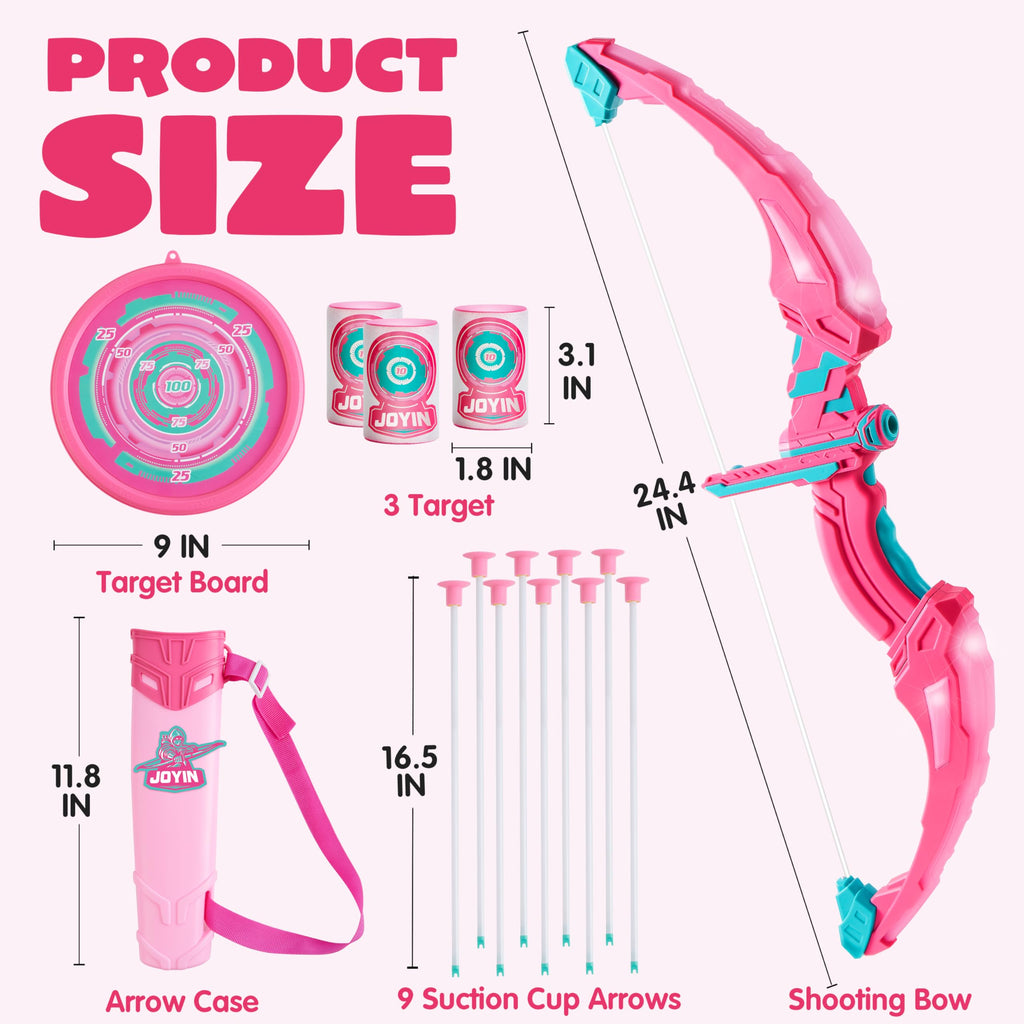JOYIN Pink Bow and Arrow Set for Girls, LED Light Up Archery Toy Set with 9 Suction Cup Arrows, Target & Arrow Case, Christmas Indoor Outdoor Activity Toy for Kids Girls Ages 3-12