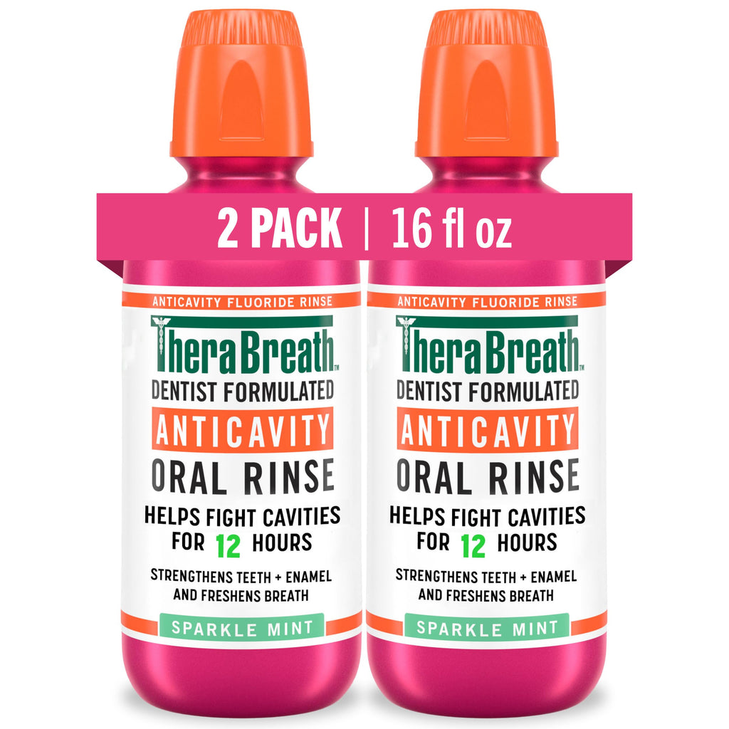 TheraBreath Anticavity Fluoride Oral Rinse Mouthwash, Fights Cavities, Strengthens Enamel and Freshens Breath, Dentist-Formulated, Alcohol-Free, Sparkle Mint Flavor, 16 fl oz, Pack of 2