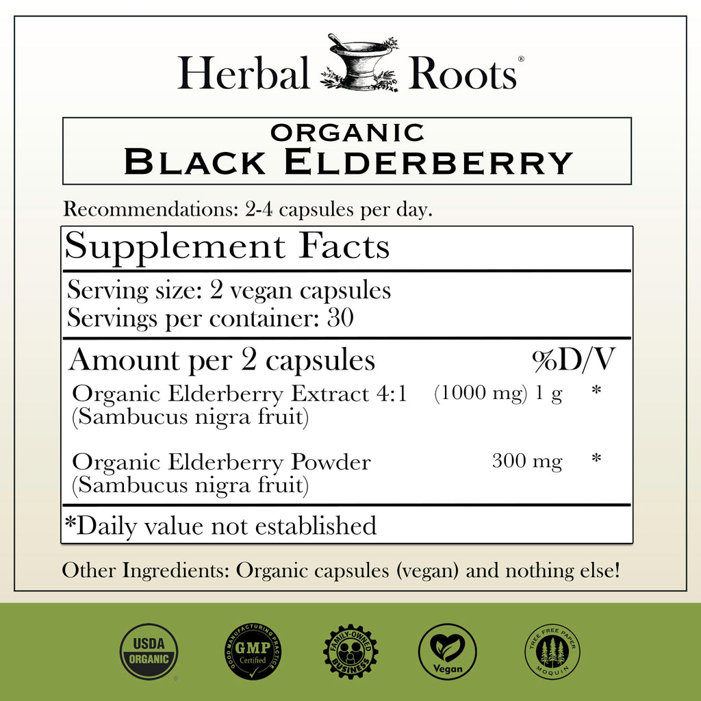 Herbal Roots Organic Black Elderberry Capsules | Max Strength | Made with Organic Sambucus | 60 Vegan Capsules (Pack of 2)