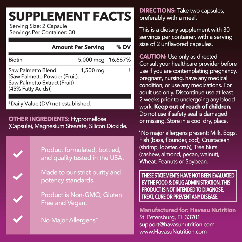 Saw Palmetto for Women with Biotin 5000mcg - Powerful DHT Blocker to Support Hair, Skin, and Nail Health - 60 Count - Vegan, Non-GMO Vitamin for Stronger, Fuller Looking Locks - 1 Month Supply