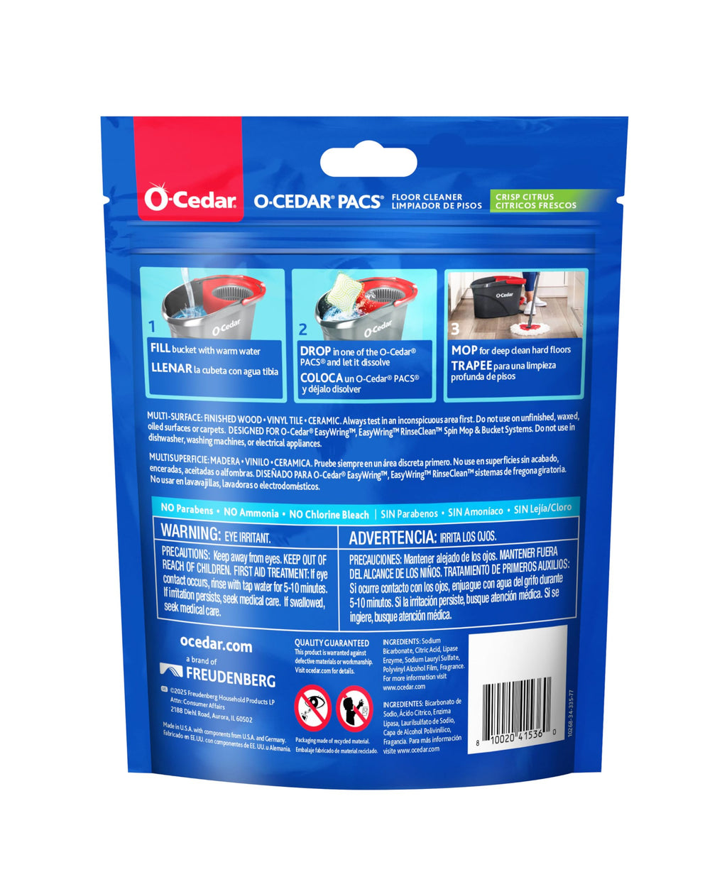 O-Cedar PACS Hard Floor Cleaner, Crisp Citrus Scent 24 Count (1-Pack) | Made with Naturally-Derived Ingredients | Safe to Use on All Hard Floors | Perfect for Mop Buckets