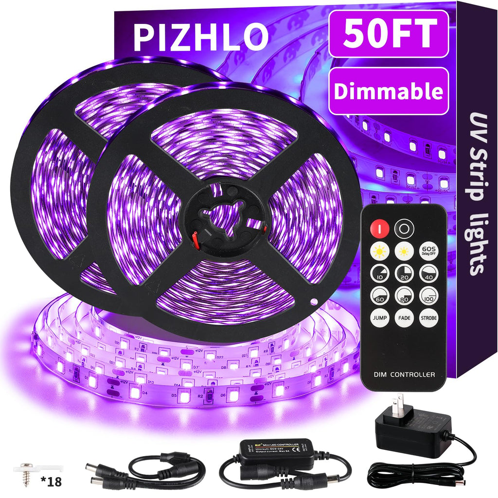 PIZHLO 50 Foot Black Light Strips & Remote, Dimmable Flexible 900 LEDs