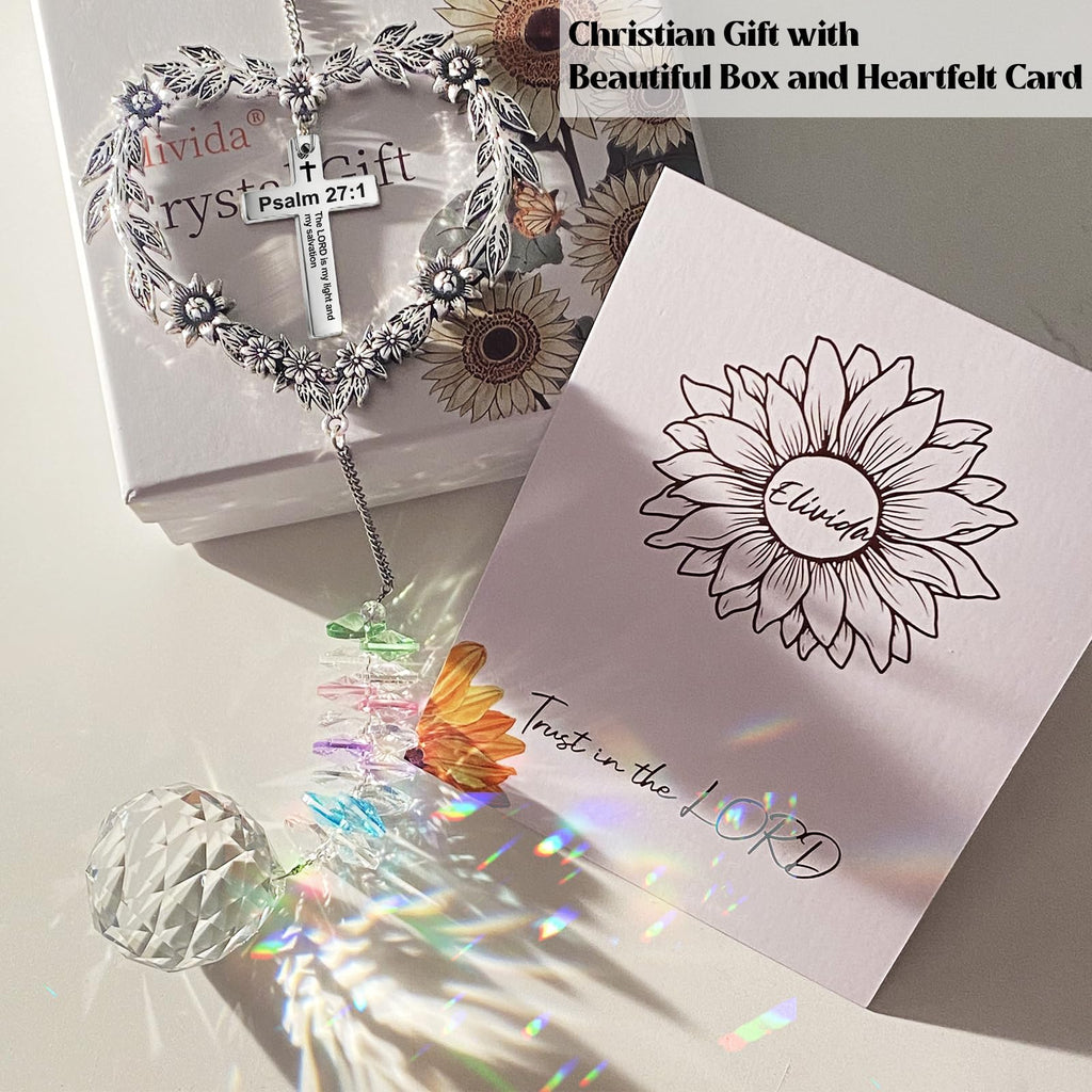 Elivida Christian Gifts for Women, Heart-Shaped Suncatcher with Cross - Religious Birthday Ornament with Scripture The Lord is My Light and My Salvation - Inspirational Catholic Spiritual Gifts