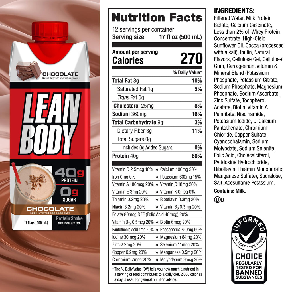 Labrada Lean Body Ready-to-Drink Chocolate Protein Shake, 40g Protein, Whey Blend, 0 Sugar, Gluten Free, 22 Vitamins & Minerals, LABRADA, 17 Fl Oz (Pack of 12)