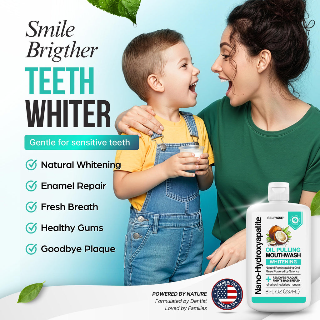 Nano-Hydroxyapatite Oil Pulling Whitening Mouthwash for Teeth and Gums, Natural & Organic, Whitens Teeth, Strengthens Enamel, Fights Bad Breath & Plaque – Smooth & Non-Greasy – for Adults & Kids 8oz