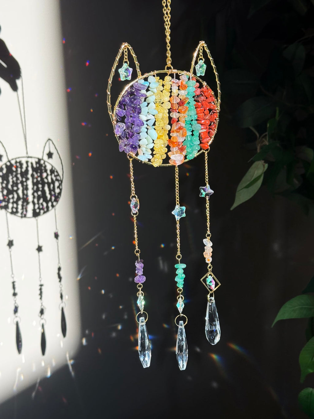 Cat Memorial Crystal Suncatcher - Natural Gemstone Rainbow Maker Wall Hanging Decor, Healing Stone Cat Lover Gifts for Women,Chakra CrystalWind Chimes for Window, Home, Garden Decoration