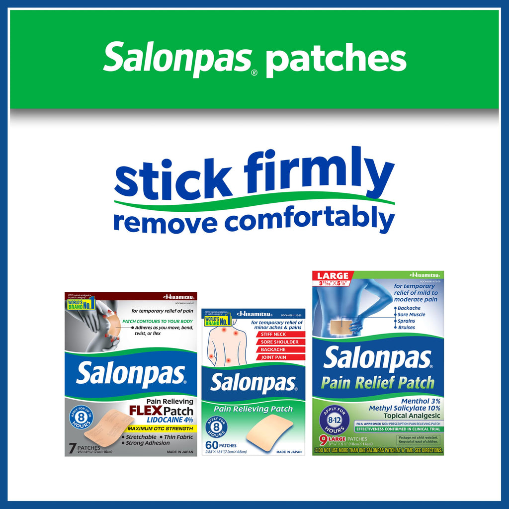 Salonpas Pain Relief Patch, 9 Count Large (Pack of 1), Up to 12 Hours Temporary Relief of Mild to Moderate Pain, Backache, Sore Muscle, Sprains, Bruises