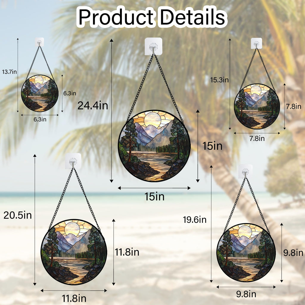 AMDERVEN Stained Glass Window Hanging, Sunset Mountains Lake Tree Sun Catcher for Window Home Decor Landscape Suncatcher Mother's Day Birthday Gifts for Women Men Mom and Nana 11.8 in