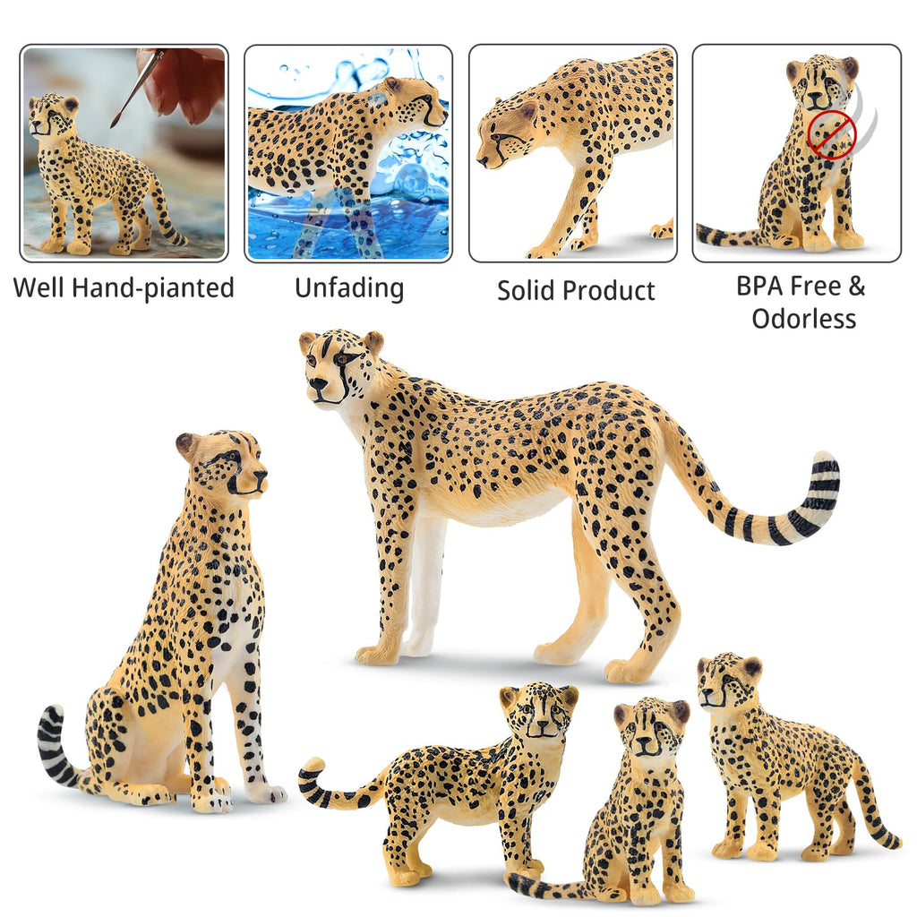 Toymany 8PCS Cheetah Figurines with Cheetah Cubs, Realistic Jungle Zoo Animals Figurines Family Set, Educational Toy Cake Toppers Christmas Birthday Gift for Kids