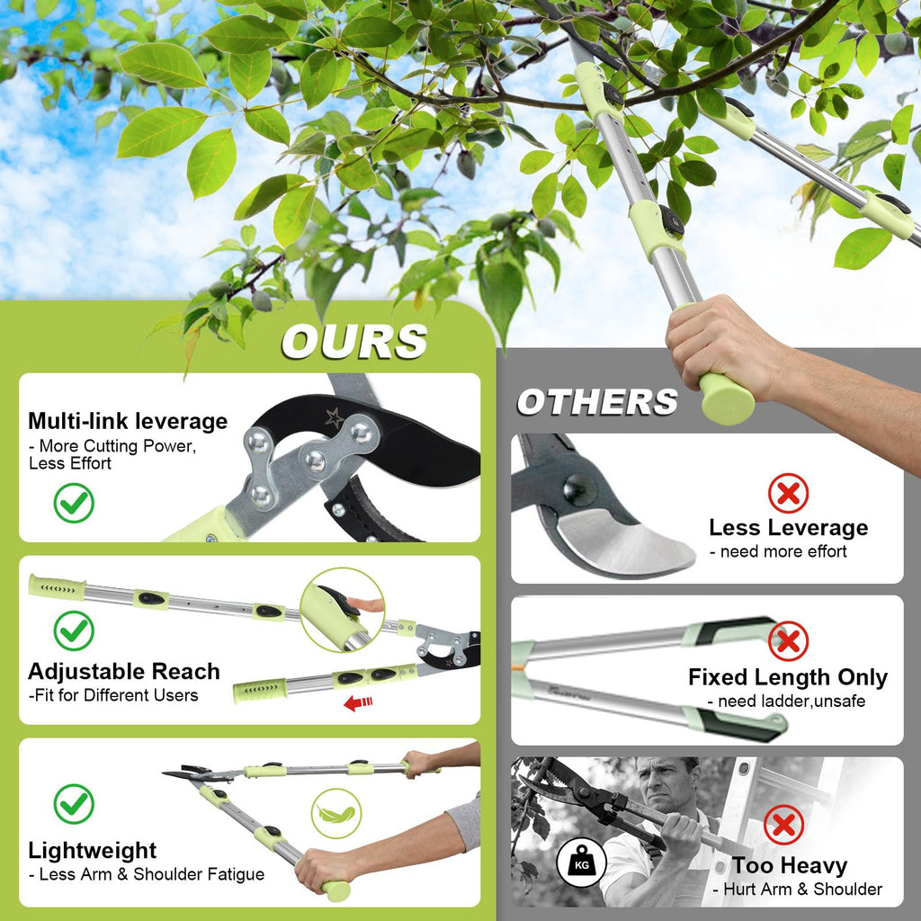 Heavy Duty Hand Loppers Pruning Shears for Gardening,25"-44" Extendable Branch Cutter for Tree Limb Trimming, Lightweight Anvil Lopping Shears for up to 2” Thick Branches Cutters (Green)