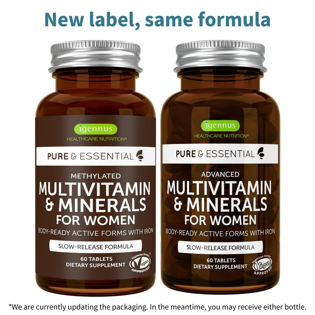 Igennus High Potency Methylated Multivitamin for Women with Gentle Iron, 5-MTHF Folate & Methylcobalamin B12, Pure & Clean, Sustained Release, Active B-Complex & K2 MK-7, Non-GMO, 60 Vegan Tablets