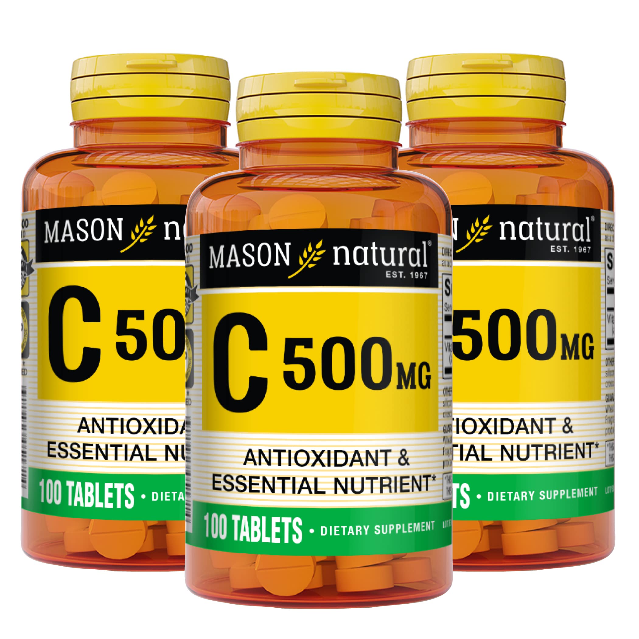 MASON NATURAL Vitamin C 500 mg, Daily Dietary Supplement with Essential Nutrient to Support Immune Function & Overall Wellness, 100 Tablets (Pack of 3)