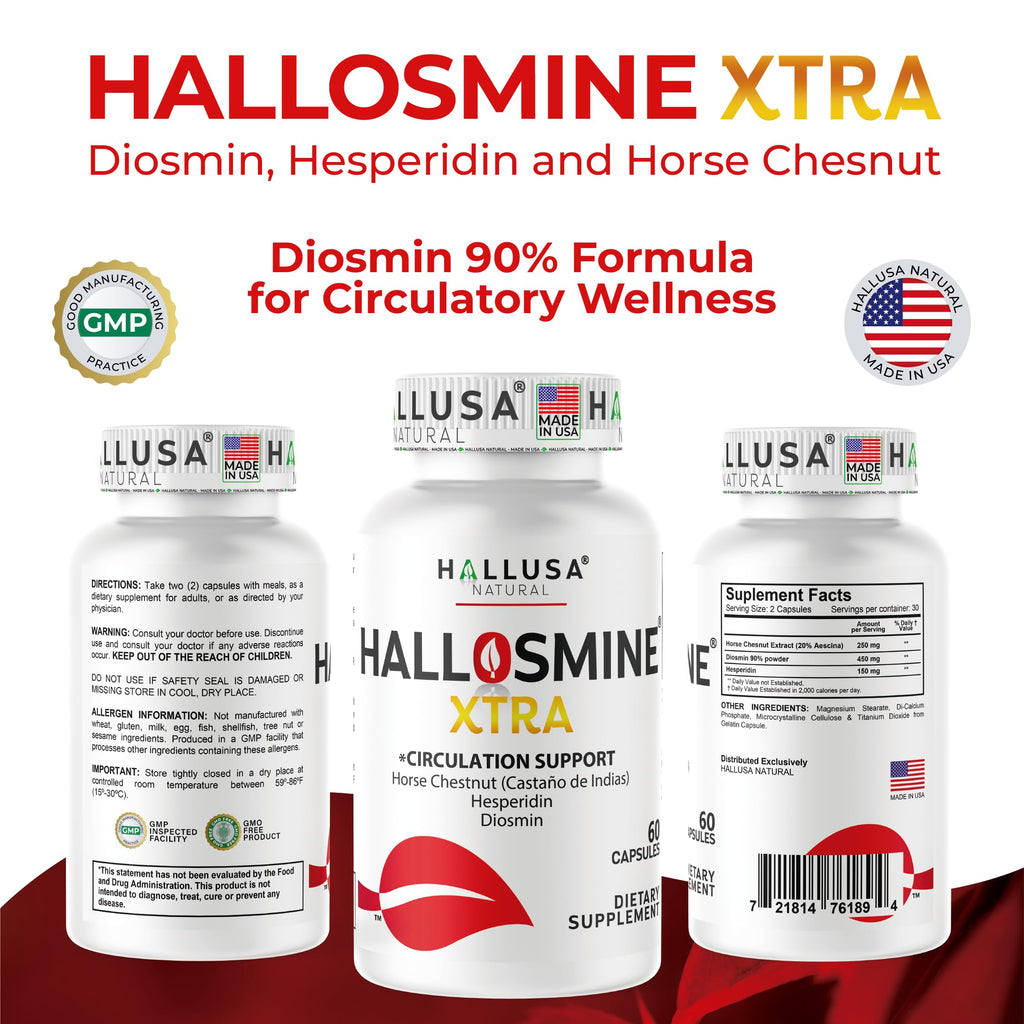 Hallosmine Xtra Circulation & Vein Support, Diosmin, Horse Chesnut & Hesperidin 850mg + FREE Leg Cream | Leg Circulation, Varicose Veins, Spider Veins, Hemorrhoids, Blood Flow, 60 capsules