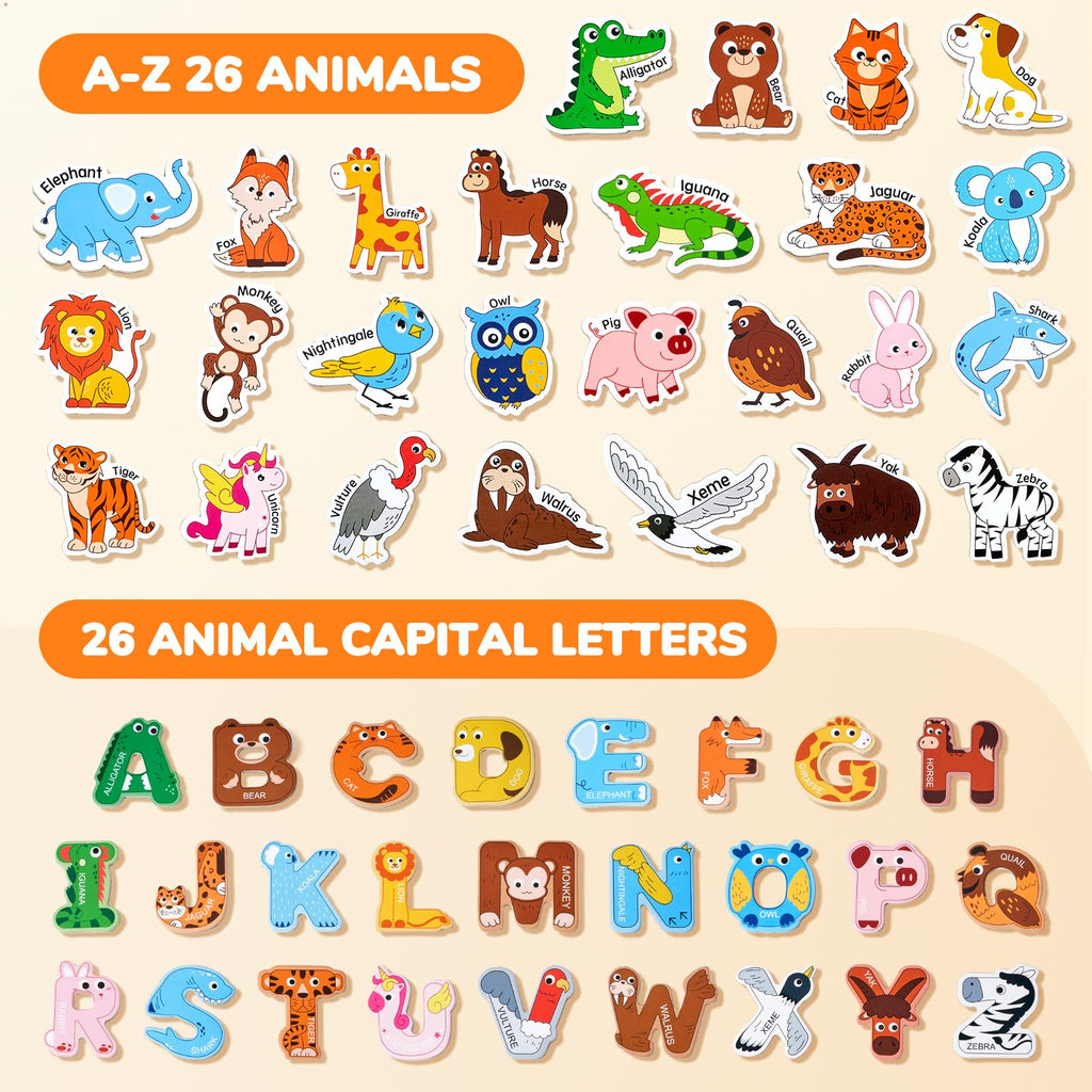 JoyCat Wooden Fridge Magnets for Kids – 26 Cute Animals & Uppercase Letters for Toddlers, Magnetic Alphabet Refrigerator Toys, Fun Educational Learning Gifts for Preschool 2 3 4 5 Years Old