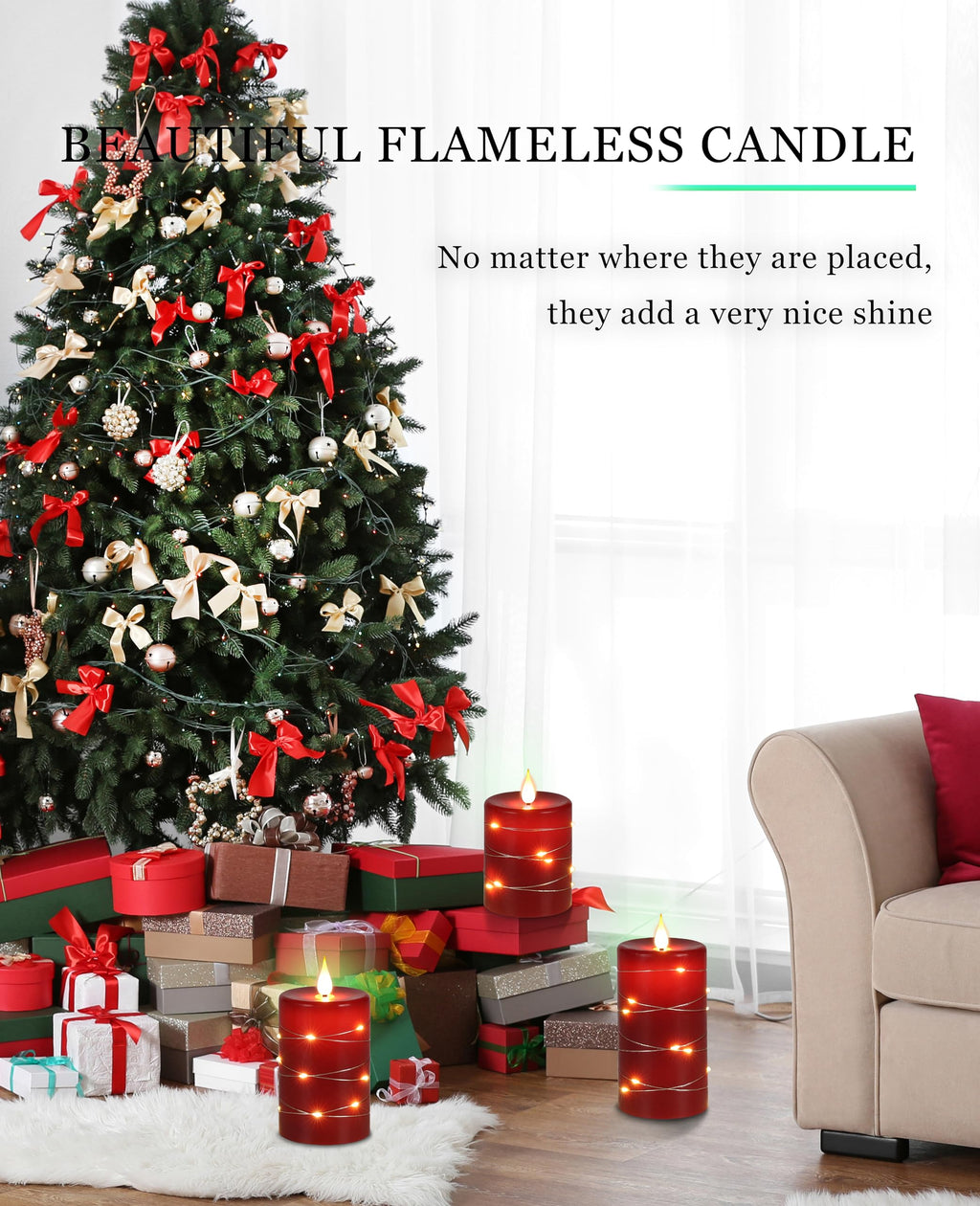 Fanzir Red Flameless Candles with String Lights Battery Operated LED Pillar Candles 4‘’ 5‘’ 6‘’ Candle with Remote Control,Fake Candle Set of 3 for Christmas or Special Festivals Decorations