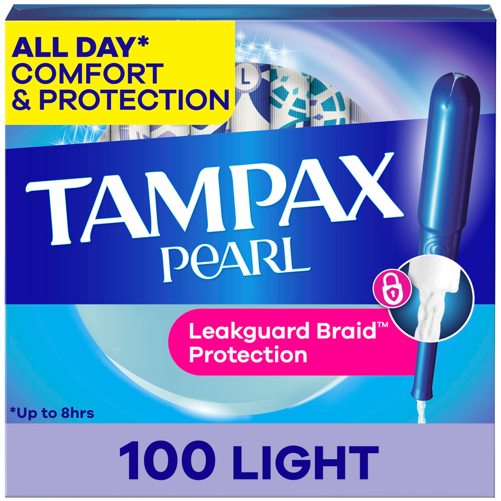 Tampax Pearl Tampons, with LeakGuard Braid, Light Absorbency, Up to 100% Leak and Odor Free Protection, Unscented, 100 Count (2 Packs of 50) (Packaging May Vary)