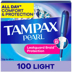 Tampax Pearl Tampons, with LeakGuard Braid, Light Absorbency, Up to 100% Leak and Odor Free Protection, Unscented, 100 Count (2 Packs of 50) (Packaging May Vary)