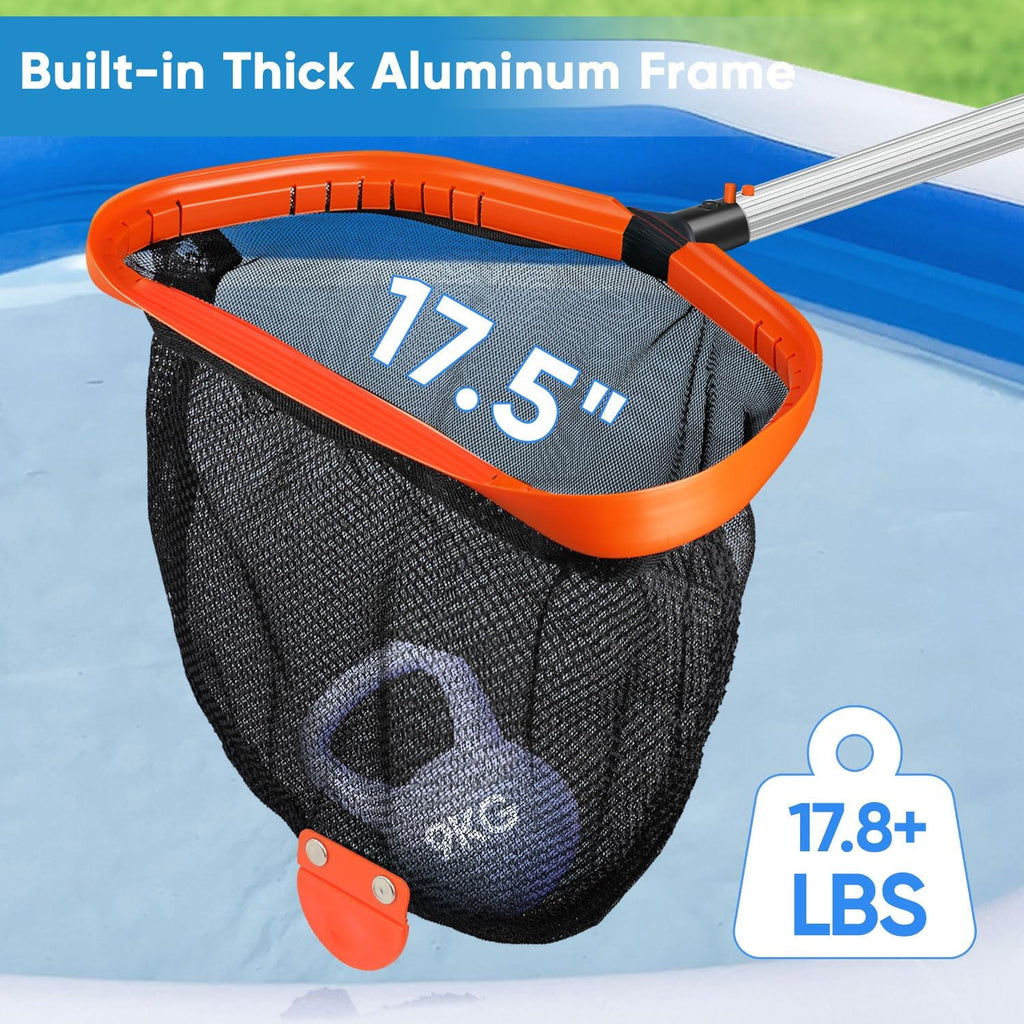 17.5" Pool Skimmer Net with 10 FT Aluminum 8 Sections Detachable Pool Poles, Heavy Duty Double Layer Pool Net with 1.2mm Thick Pole for Cleaning, Pool Leaf Rake for Above Ground & Inground Pools