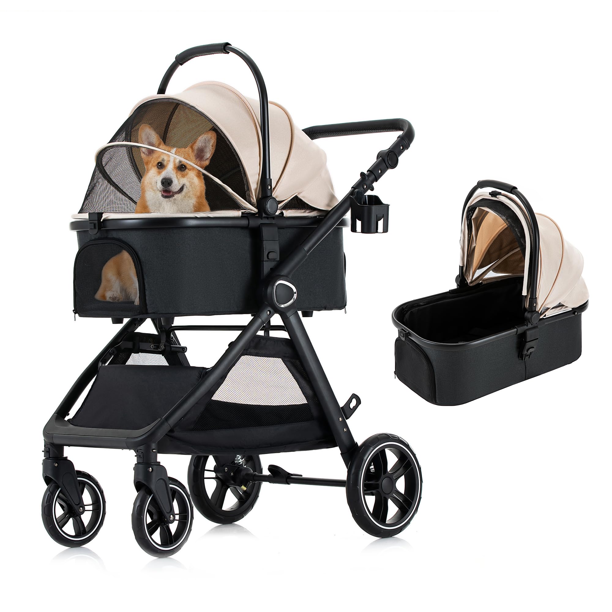 KAVELLIN Pet Stroller for Small Medium Dogs Cats Up to 50lbs, Dog Stroller with Removable Carrier, One Click Folding Pet Strollers, All-Terrain 4 Wheels Cat Strollers, Yellow