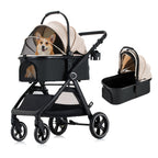 KAVELLIN Pet Stroller for Small Medium Dogs Cats Up to 50lbs, Dog Stroller with Removable Carrier, One Click Folding Cat Strollers, All-Terrain 4 Wheels Pet Strollers, Beige