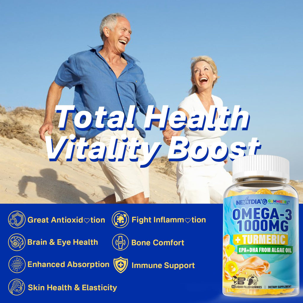 Vegan Omega-3 Gummies 1000mg + Turmeric - Omega 3 Fish Oil Alternative for Adults - Algae DHA 600mg & EPA 300mg, Vitamins A, C, E, Zinc & MSM, Sugar Free, 120 Cts