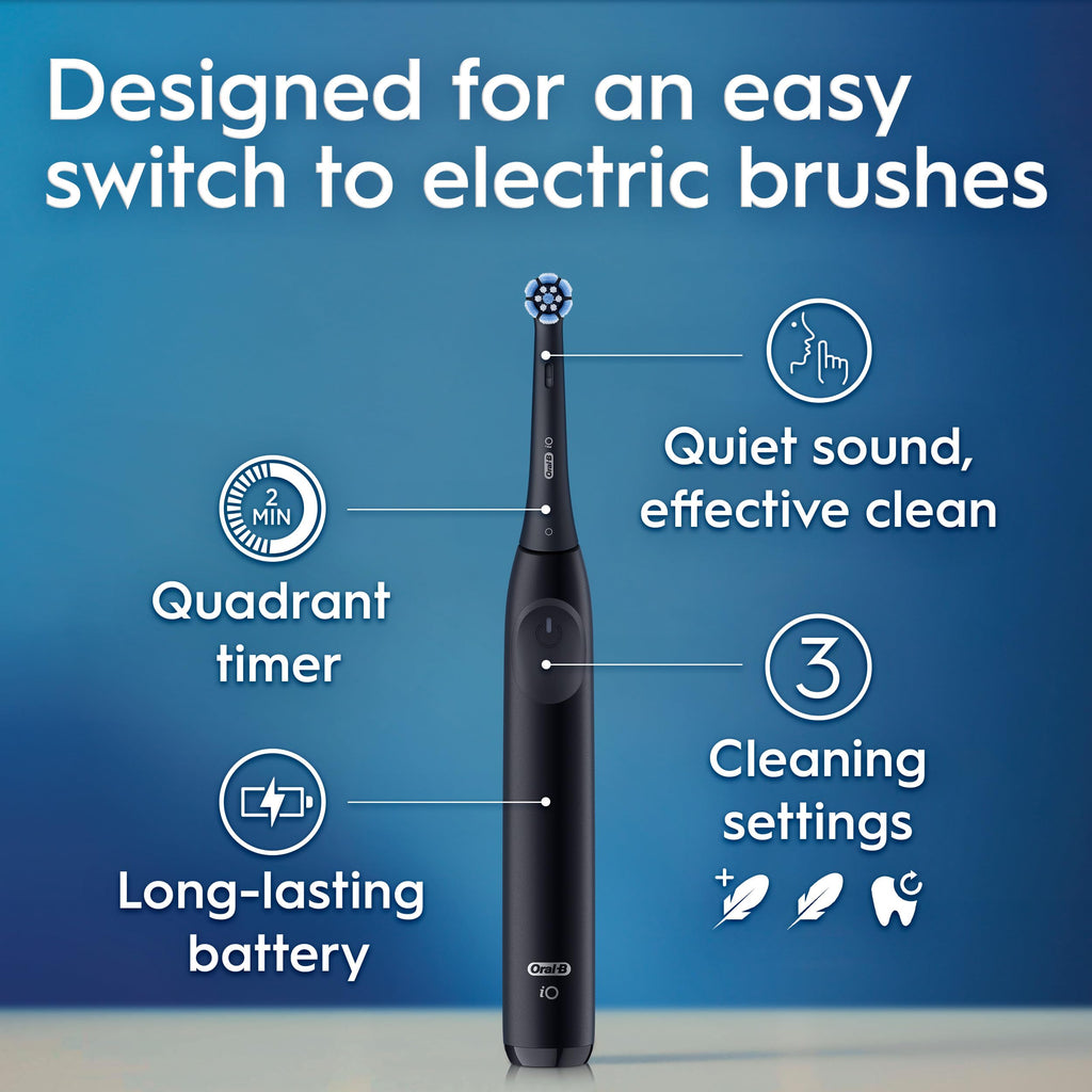 Oral-B Rechargeable Electric Toothbrush, iO2 Starter Kit, 3 Cleaning Modes, Automatic Pressure Sensor to Protect Gums, 2 Brush Heads, Night Black