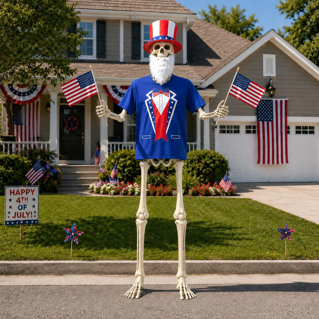 JcHrmers 12 ft Skeleton Patriotic Outfits 4th of July Skeleton Tuxedo T-Shirt Clothes with Hat Flags Beard Funny Giant Skull Clothing for Independence Day Summer Holiday Outdoor Decor