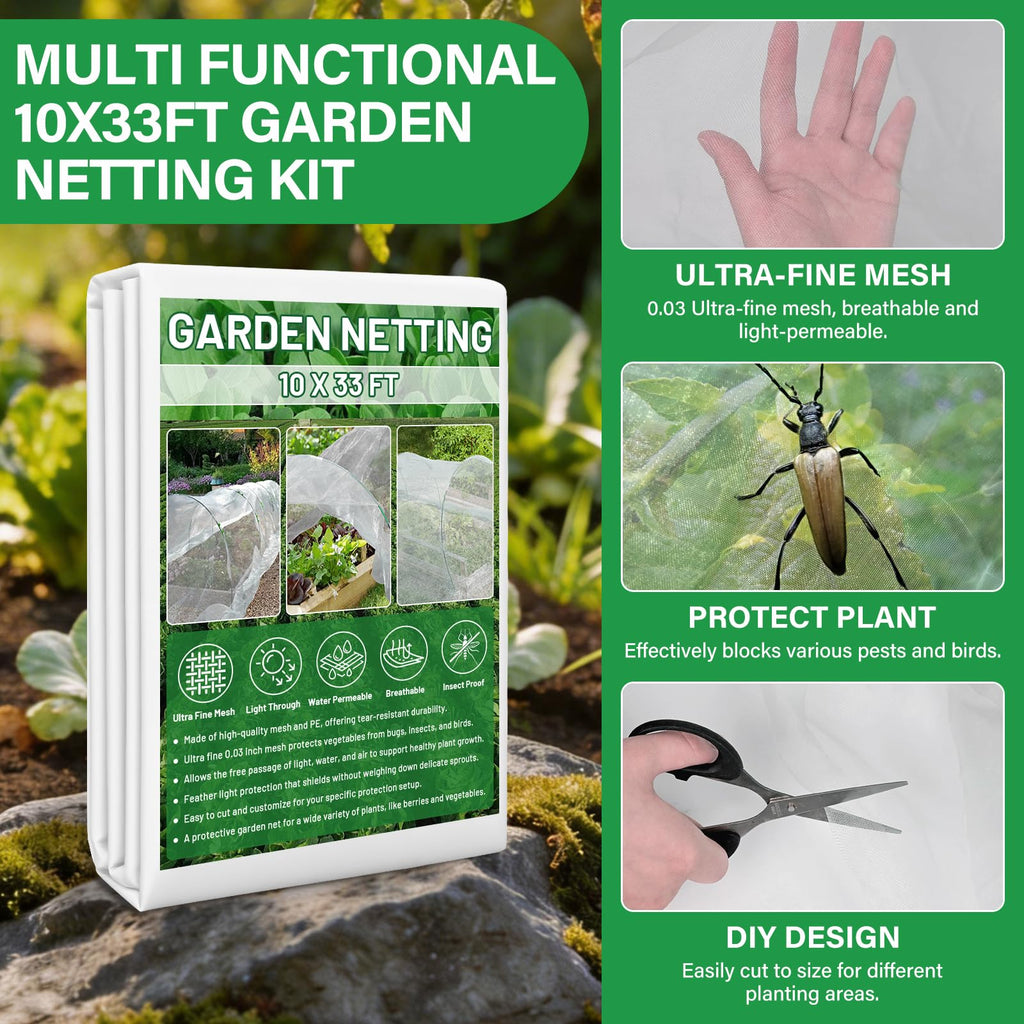 Sunwinx Garden Mesh Netting Kit for Raised Beds, 10x33FT Ultra Fine Mesh Netting&6 Sets 8FT Fiberglass Garden Hoops, Insect Netting Row Cover, Pest Barrier Protection for Vegetable Fruits Flowers