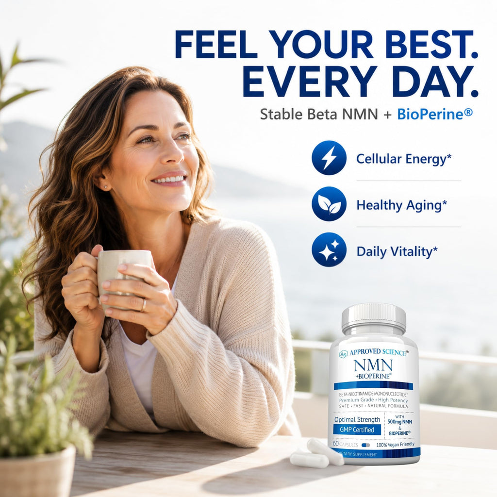 Approved Science NMN - 500mg Stable Beta NMN with BioPerine - Cellular Energy, Healthy Aging - Pack of 6 - Made in USA - Vegan