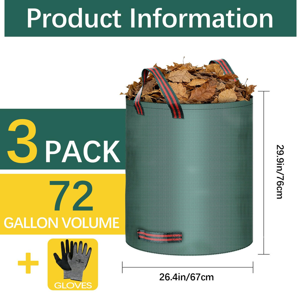 3 Pack 72 Gallon leaf collector bag lawn bags,leaf bags Heavy duty reusable,Gardening gloves included,Suitable for camping, yards, and recycling; can Cleaning debris, leaves, grass clippings