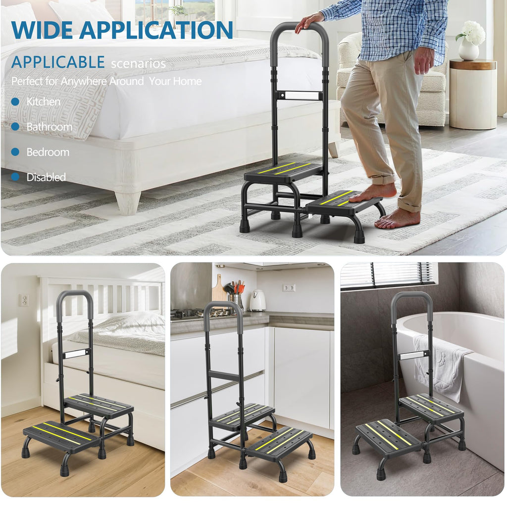 [2025 Upgrade] 2 Step Stool with Handle for Elderly with Sensor Night Light,Medical Heavy Duty Step Stool with Adjustable Handrail, Bedside Steps for People with Mobility Impairments,350lbs