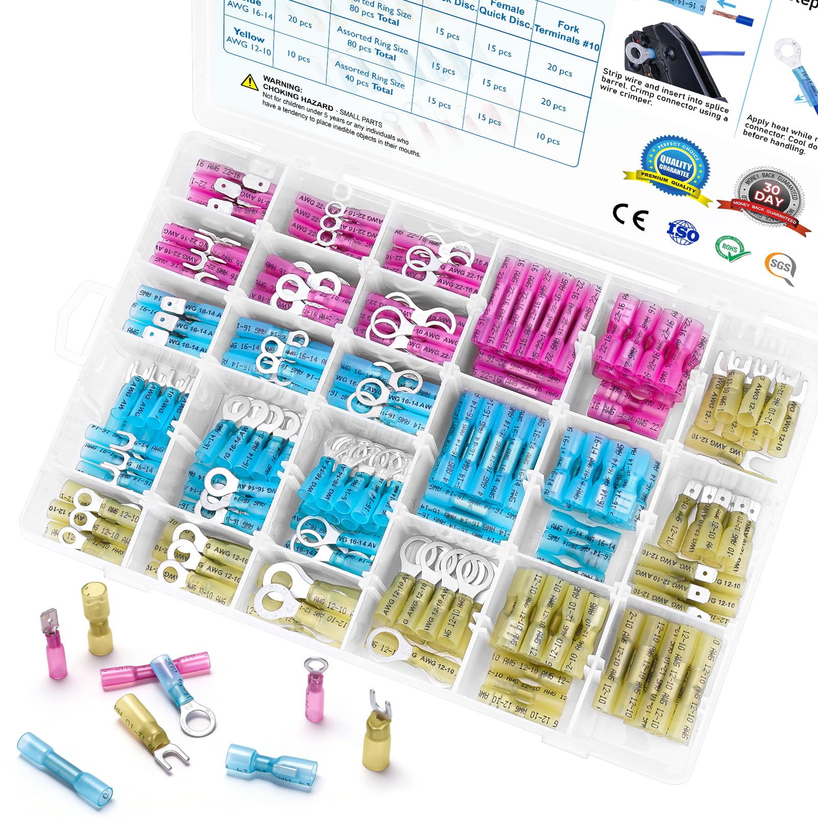 TICONN 400Pcs Heat Shrink Wire Connectors, Waterproof Automotive Marine Electrical Terminals Kit, Crimp Connector Assortment, Ring Fork Spade Butt Splices