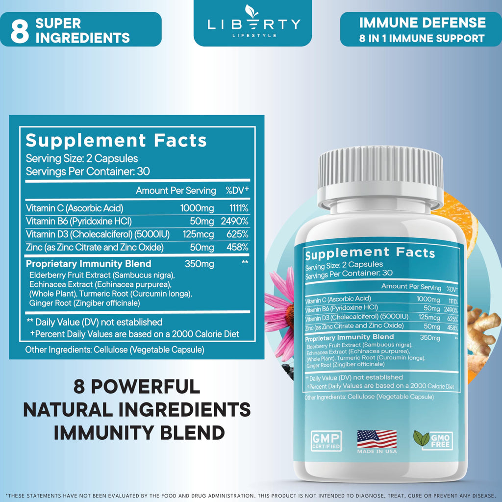 Liberty Lifestyle 8 in 1 Immune Supplement with Echinacea, Vitamin C and Zinc 50mg, Vitamin D 5000 IU, Turmeric Curcumin & Ginger, B6, Elderberry, 60 Capsules