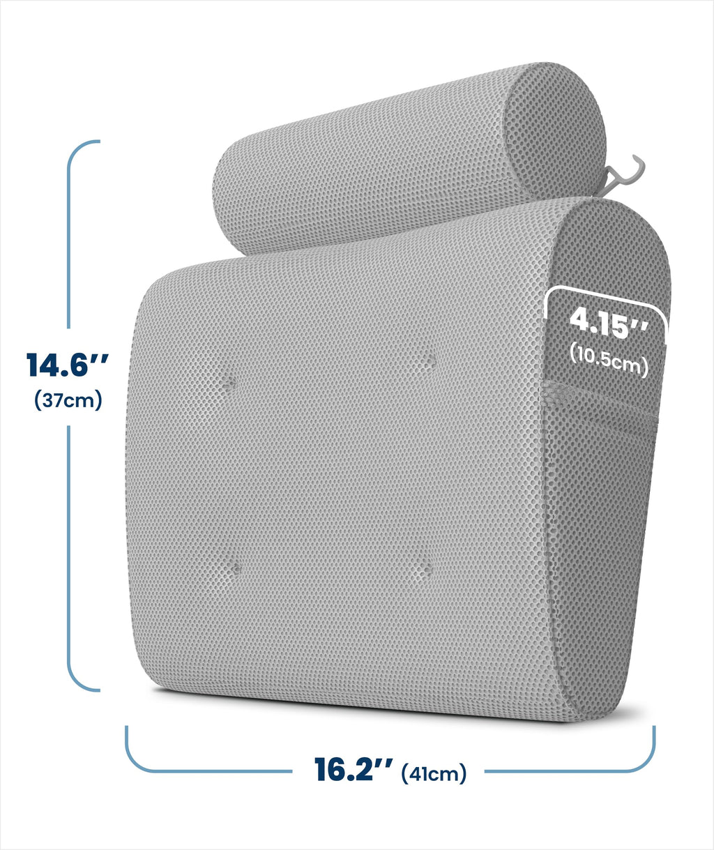 Everlasting Comfort Luxury Bath Pillows for Tub with Head and Neck Support - Non-Slip Bathtub Pillow with Suction Cups, Quick-Drying Mesh & Drying Hook - Jacuzzi & Spa Accessories for Women - Gray