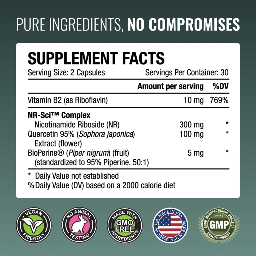 Approved Science NAD+ – 300mg NR, Quercetin, Vitamin B2, BioPerine – 60 Vegan Capsules – Pack of 1